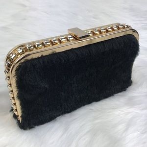 Kate Landry Black Faux Fur Clutch Gold Chain